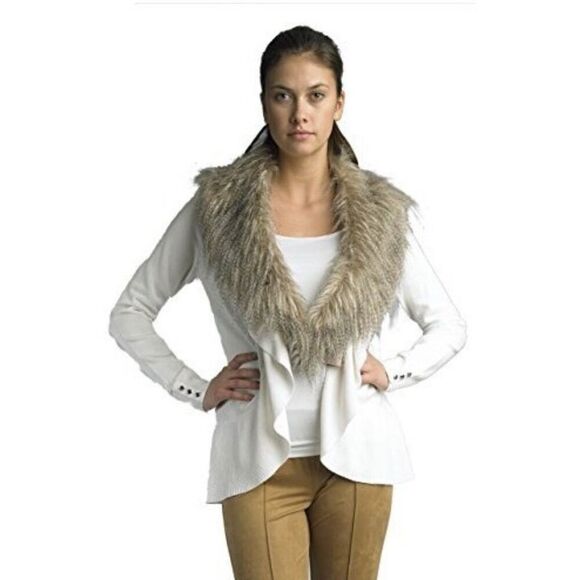White House Black Market Fur Cover Up Cardigan Ecru SzM - Picture 1 of 9